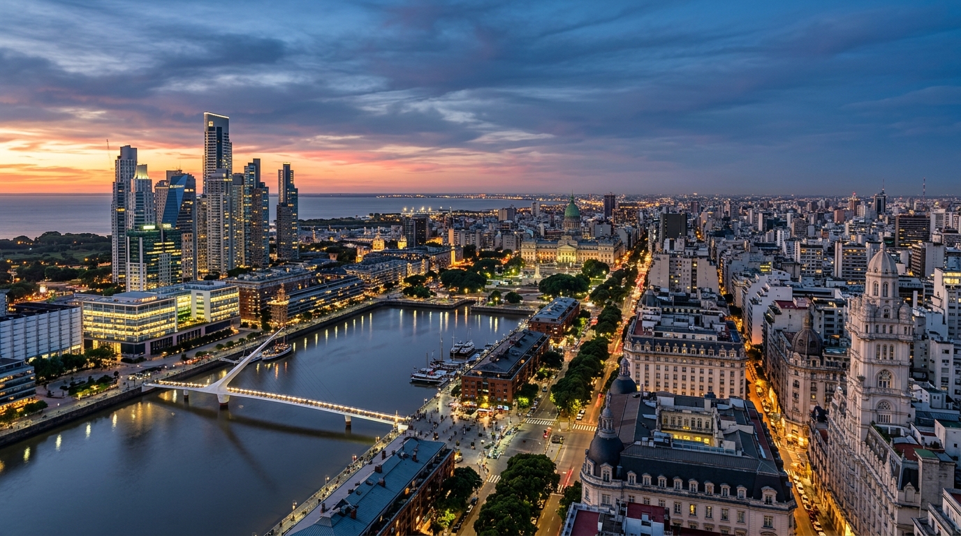 Buenos Aires skyline at dusk, showcasing the city's unique architectural blend, representing life in Argentina