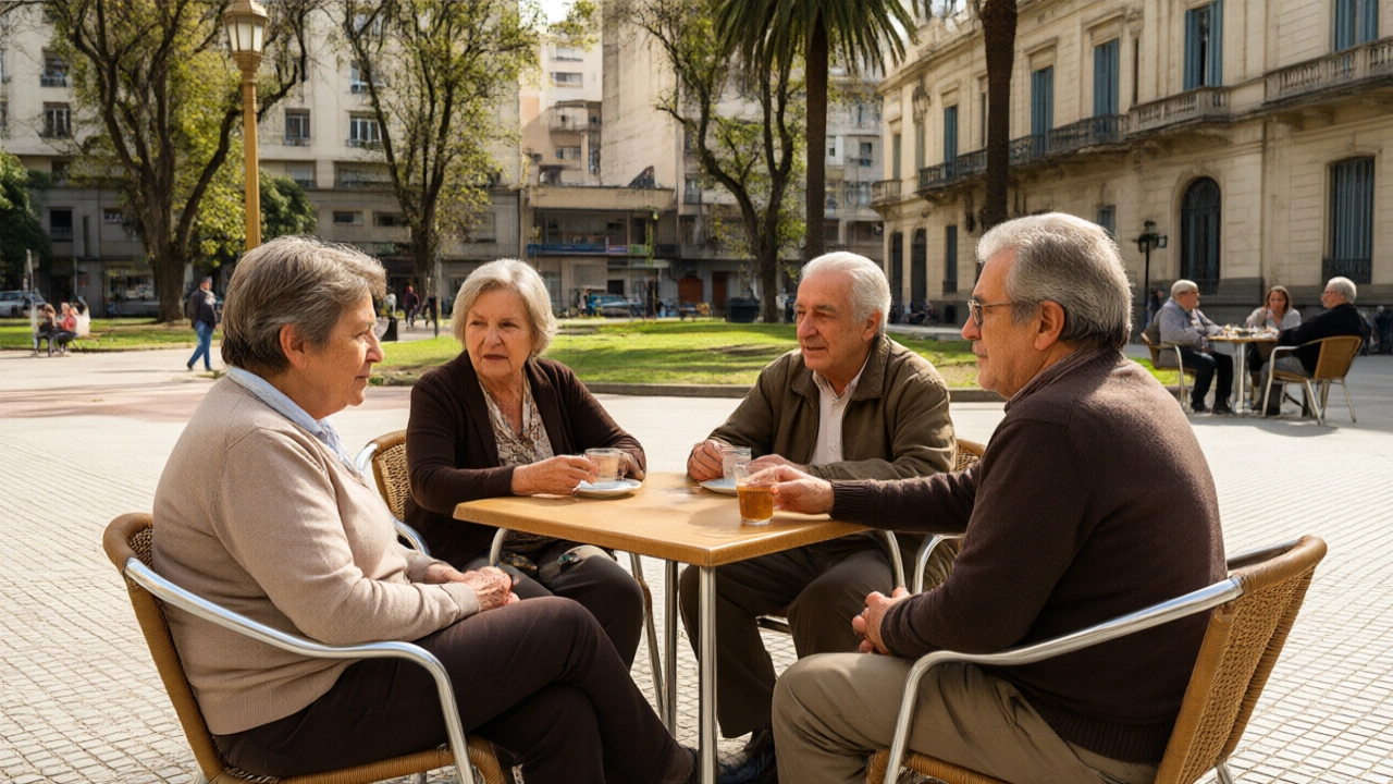 Group of older adults chatting at an outdoor cafe table in a Buenos Aires plaza