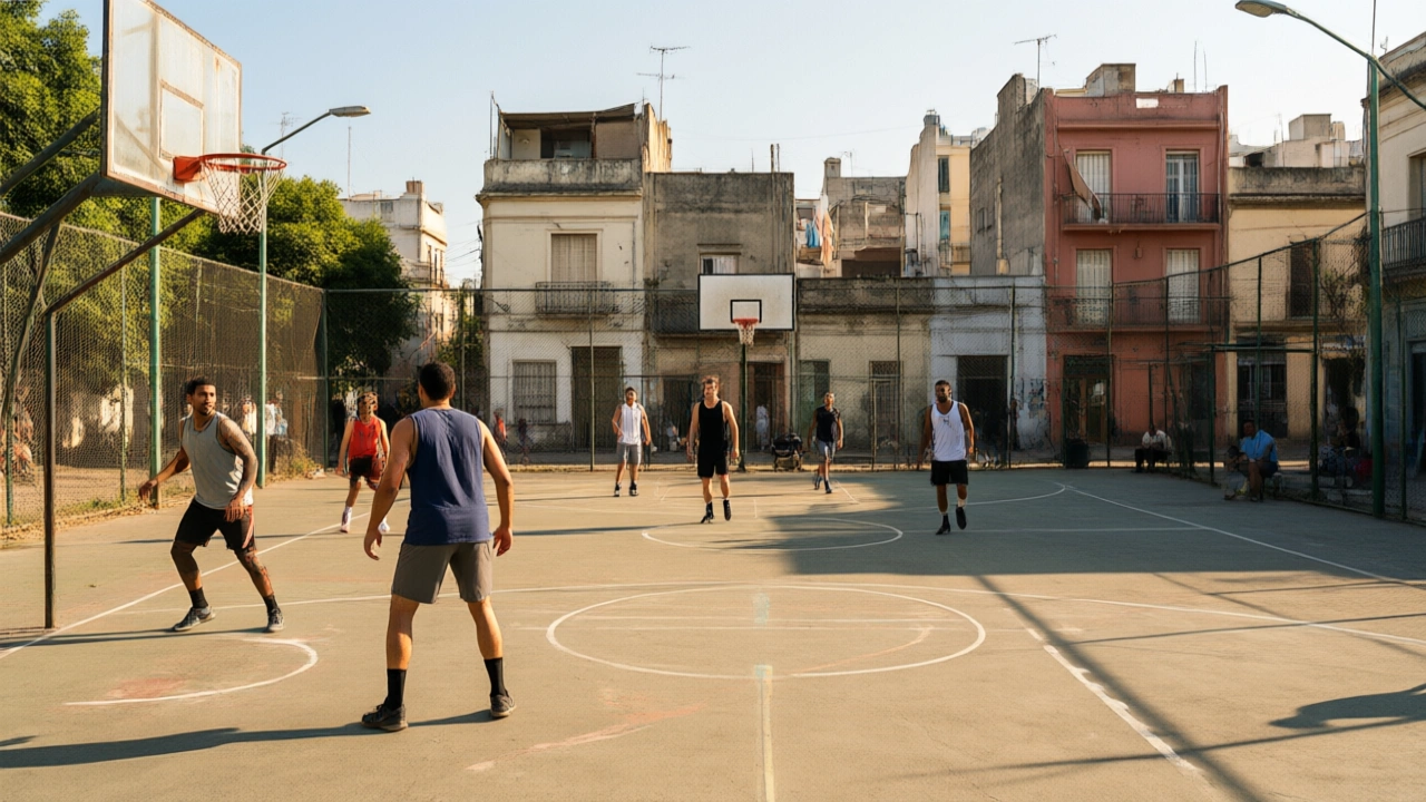 Outdoor basketball court in a Buenos Aires neighborhood with players mid-game