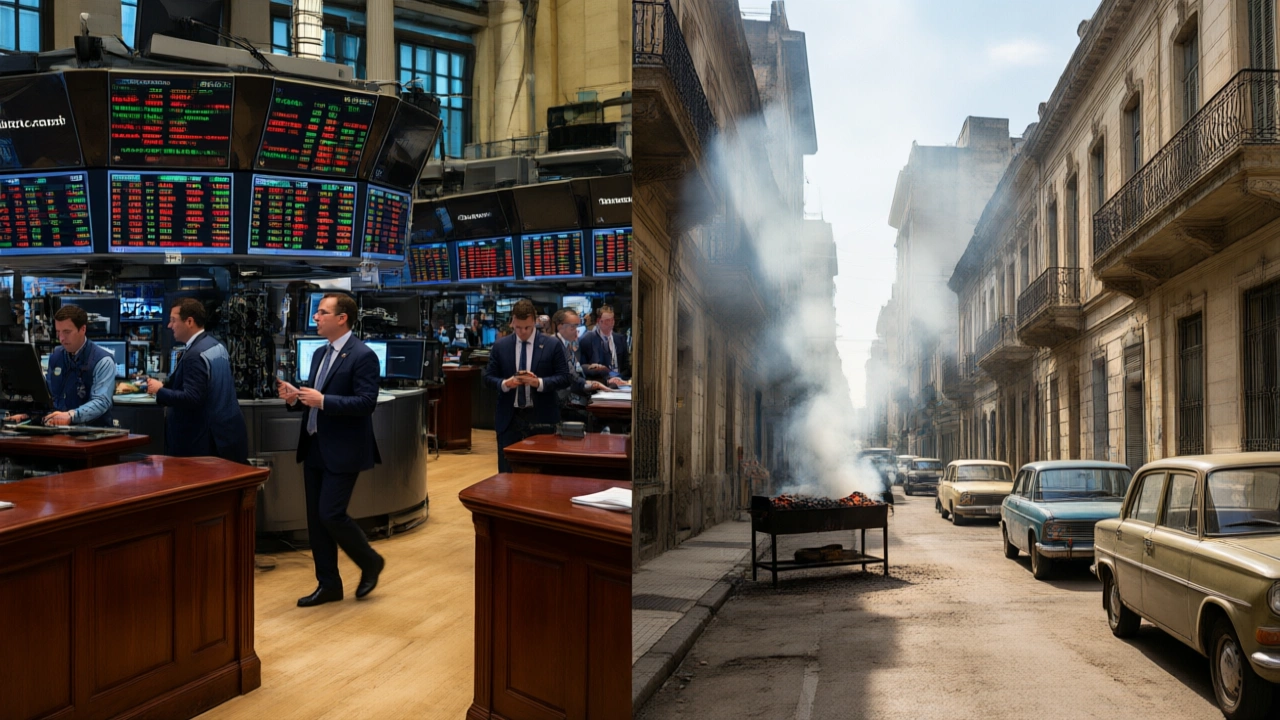A split-screen composition: on one side, a Wall Street trading desk with glowing Bloomberg terminals; on the other, a sun-bleached Buenos Aires street with a parrilla smoke plume rising past faded European architecture