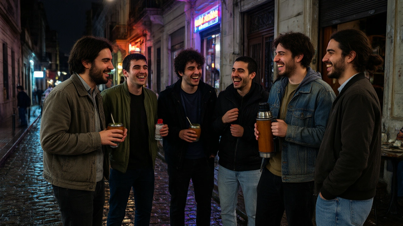 A neon-lit Buenos Aires street at 3 a.m., a group of young expats and locals laughing outside a boliche, one holding a mate thermos, the cobblestones wet from a recent rain