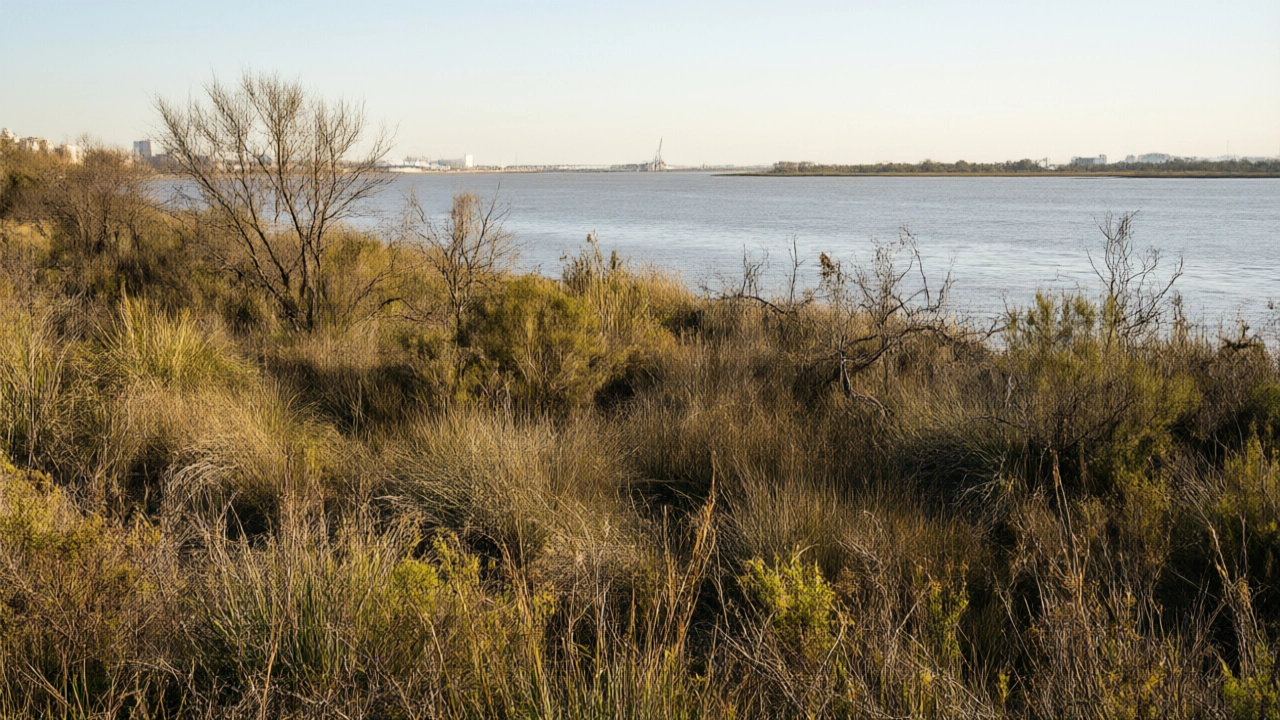 View of the Rio de la Plata from the Puerto Madero ecological reserve with native vegetation