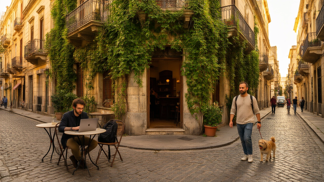 A wide-angle shot of a Palermo Soho street at golden hour, with a digital nomad on a laptop at a sidewalk café and a porteño walking a dog past a century-old building covered in vines