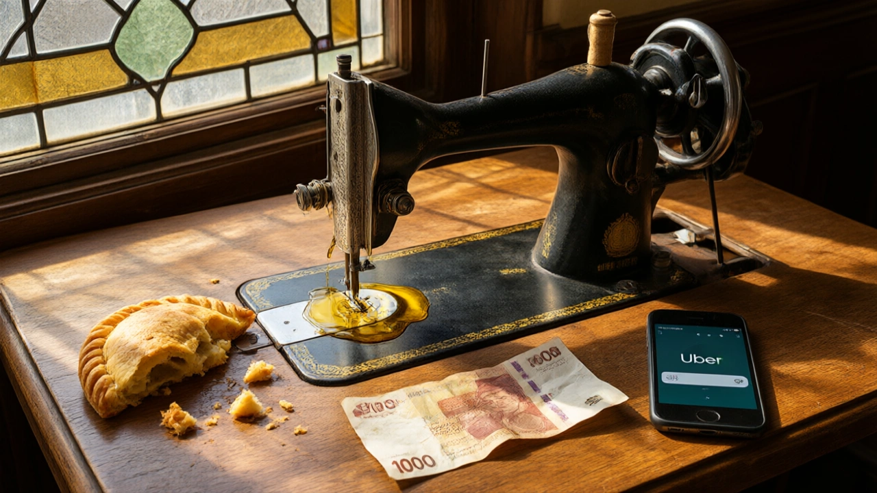 A surreal still life on a wooden Buenos Aires café table: a vintage sewing machine leaking golden oil next to a half-eaten empanada, a crumpled 1000-peso note, and a phone showing a canceled Uber ride, all bathed in afternoon sun through stained glass
