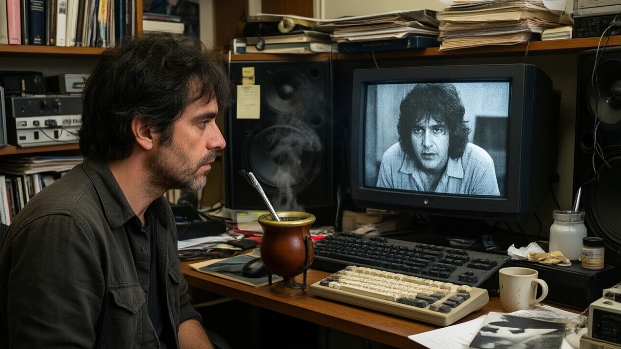 A cluttered Buenos Aires editing suite at 3 AM, mate gourd steaming next to a monitor showing grainy Pappo footage, the filmmaker's silhouette lost in concentration
