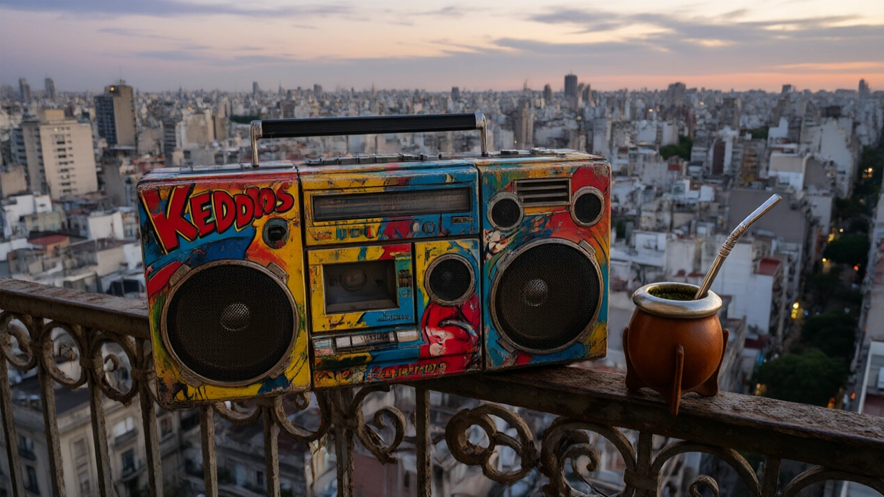 A weathered boombox painted with Los Redondos album art sitting on a Buenos Aires balcony overlooking a twilight cityscape, with mate gourd beside it